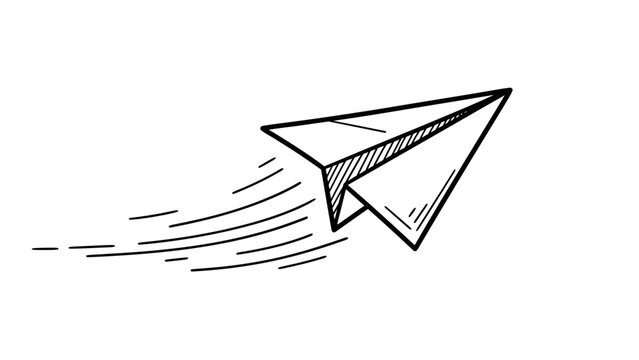 Hand-drawn paper airplane flying with speed lines, simple sketch style.