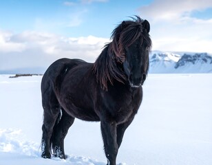 A majestic black equine stands in a snowy landscape, gazing forward with a flowing mane. Mountains are in the background