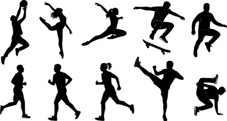 Jumping and motion silhouette, expressive human pose vector, active lifestyle icon, cad drawing flat vector illustration