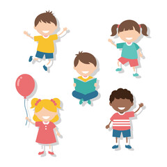 Obraz premium Group of diverse children playing and jumping together in a joyful scene from a top-down viewpoint