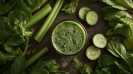 Green smoothie in a glass surrounded by fresh vegetables including cucumber, celery, and leafy greens on a rustic wooden surface with natural lighting and vibrant colors