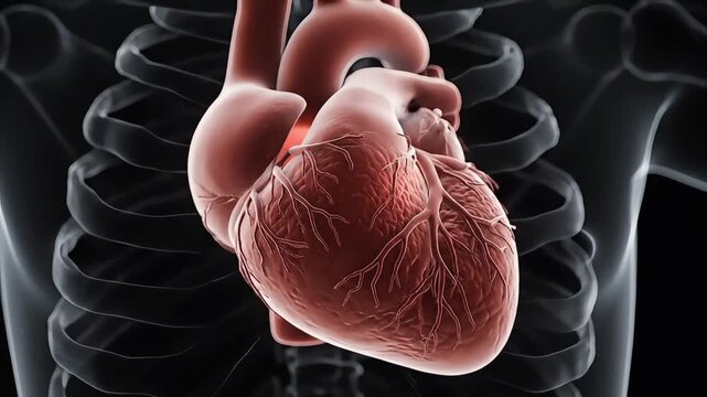 Detailed illustration of a human heart with visible blood vessels against a transparent ribcage on a dark background.