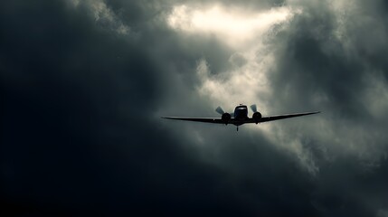 Vintage Propeller Plane Silhouette Crossing High Contrast Sky Creates Nostalgic Aviation Photography Art and Design