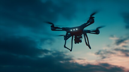 Precision Drone Silhouette with Four Rotors Against Twilight Sky Creates Stunning Aerial Photography Moment
