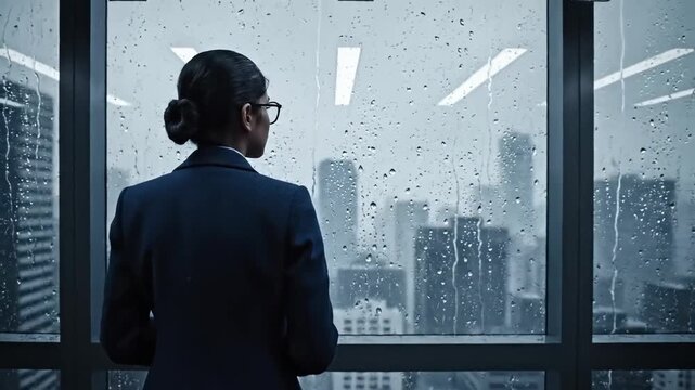 A professional woman looking at the rainy city skyline from high rise office