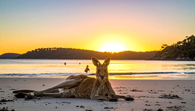 A kangaroo lounges on a sandy beach as a stunning sunset bathes the scene in warm hues, with a person in the distance