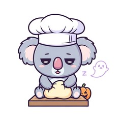 Cute sleepy koala chef kneading dough with a ghost and pumpkin.