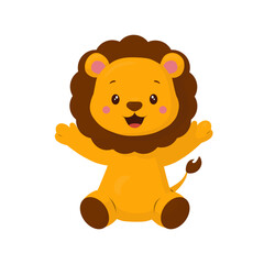 A cute lion cub sits with its paws wide open and a smile. This children's illustration is done in a flat vector style. This character is perfect for zoos, safari parks, children's parties, birthdays