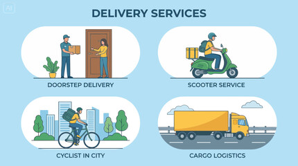 Naklejka premium Delivery Services Logistics Infographic: Truck, Bike, Scooter, Doorstep
