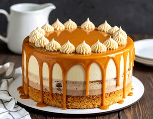 A layered cake with caramel drip and meringue decor, with a pitcher and plates in background