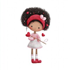 Fototapeta premium Crocheted Valentine doll clipart with handmade yarn texture.