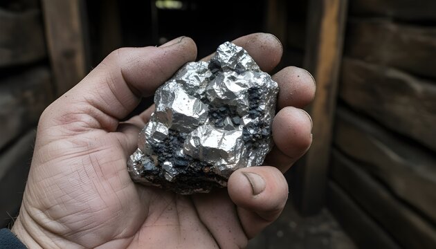 Close-Up Weathered Miner's Hand Holding Raw Platinum Nuggets Silvery Metallic Sheen Natural Matrix Rough Ore Soft Natural Light Photography