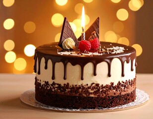 A layered cake with chocolate ganache and chocolate decorations, topped with raspberries and a lit candle. Blurred warm lights in the background