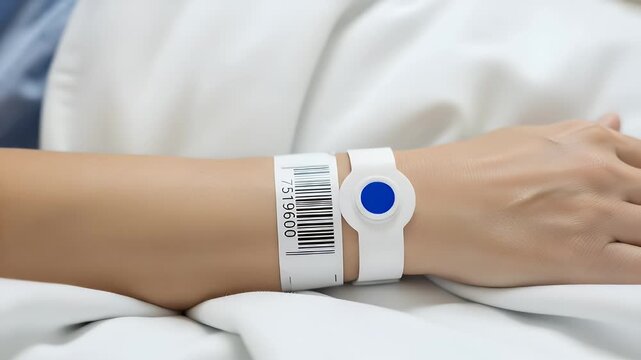 Close-up of a patient's arm with a hospital wristband and identification barcode, conveying a sense of medical care and attention.