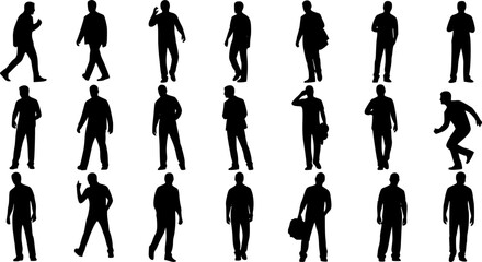 Fototapeta premium Silhouette set of walking man, standing man, male figure poses, black vector people illustration, isolated human character collection icons