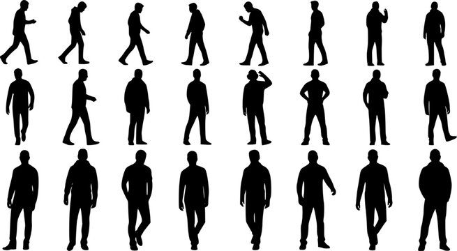 Silhouette set of walking man, standing man, male figure poses, black vector people illustration, isolated human character collection icons
