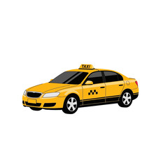 Obraz premium Bright Yellow Taxi Cab Car Vector Illustration Isolated on White Background for Urban City Transportation Service, Ride Sharing, and Travel