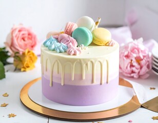 A layered cake with pastel icing, adorned with macarons and meringues, rests on a golden cake board. Flowers frame it