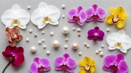 Orchid blooms and gem pearls for a luxurious, elegant floral layout