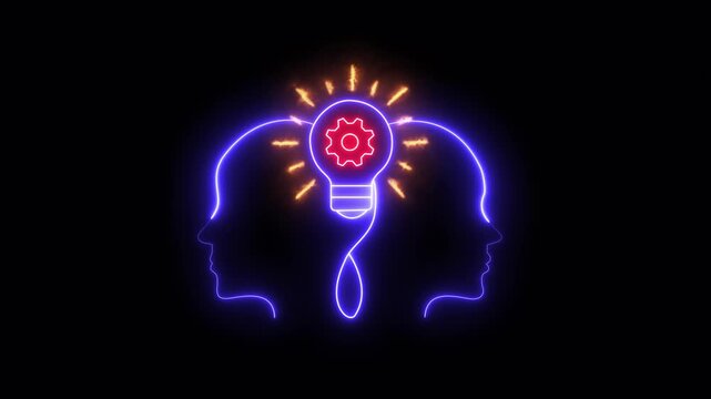Neon Lightbulb Idea Generation between Two Heads on Black Background