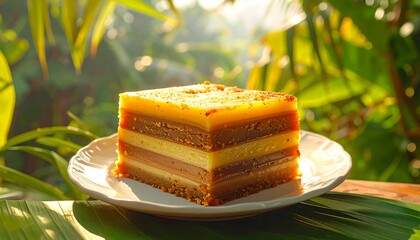 A layered dessert, bathed in sunlight, rests on a white plate amid lush, verdant foliage, creating a delicious visual