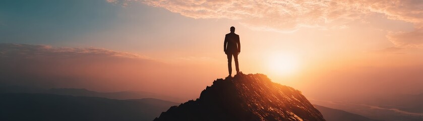 Obraz premium A silhouette of a person stands atop a mountain, gazing at a vibrant sunset, symbolizing achievement and introspection.