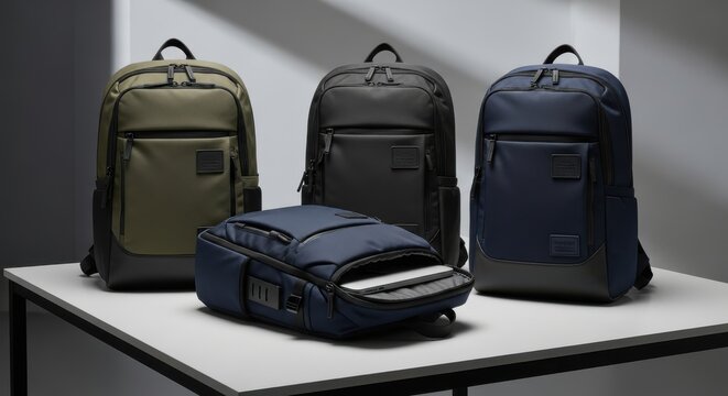 Multiple modern backpacks displayed on a  surface featuring varied colors and an open compartment