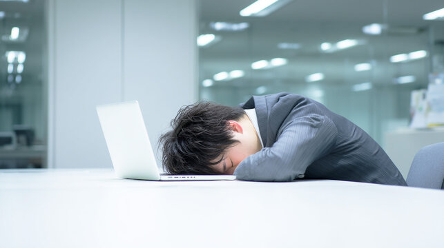 ノートパソコンの前で突っ伏して深く眠り込んでいる疲労したビジネスマン
