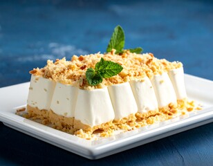 A layered dessert on a square white plate against a dark blue background. The treat has a light-colored, sweet topping and garnish