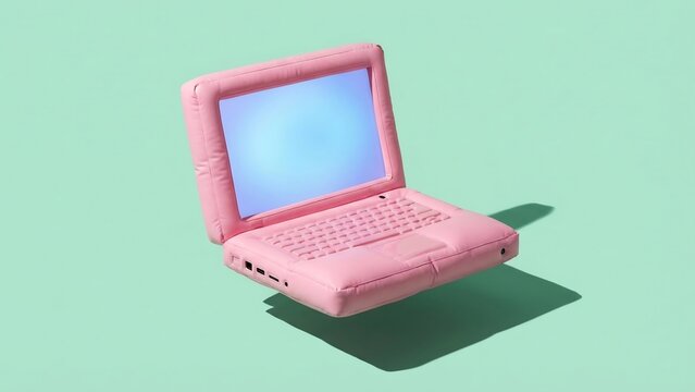 Pink inflatable laptop with blank screen on mint green background soft lighting modern digital concept surreal workspace 3d rendering pastel colors minimalistic design