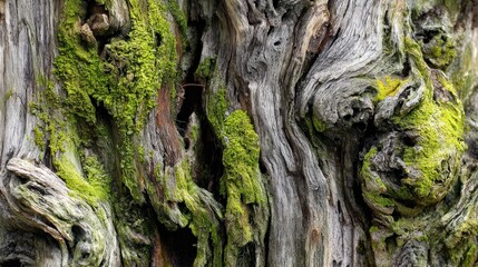 A close-up of textured tree bark featuring moss, showcasing intricate patterns and natural elements.