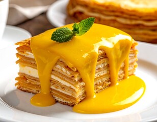 A layered dessert slice featuring a vibrant yellow sauce, garnished with a sprig of fresh green leaves, on a white plate