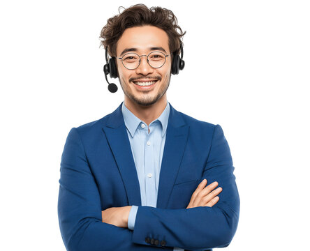 Smiling Asian man in blue suit with headset, arms crossed, isolated on white, png