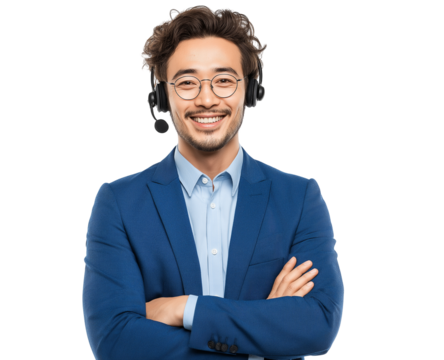 Smiling Asian man in blue suit with headset, arms crossed, isolated on white, png - Powered by Adobe