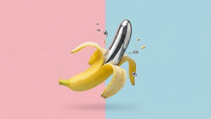 surreal Banana peel slips off to reveal sleek silver condom on colorful pink and blue background