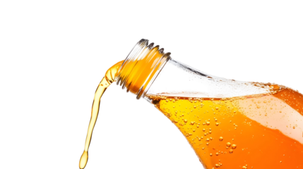 orange juice pouring from glass bottle isolated on white