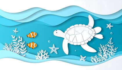A layered paper cut illustration with a sea turtle, clownfish, starfish, coral, and stylized water