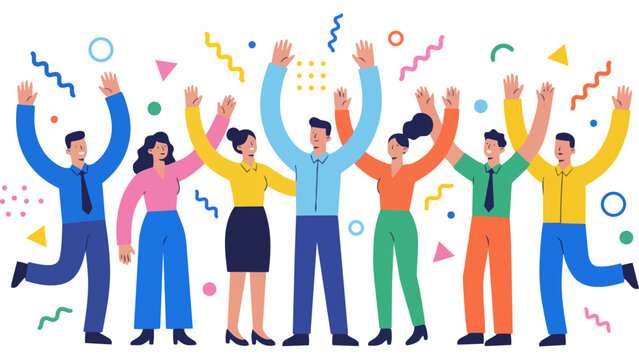 目標を達成し、ひらひらと舞う紙吹雪の中でバンザイ歓喜する多様なビジネスチームのイラストです。仲間と肩を組み、笑顔で勝利を分かち合う様子は、組織の強固な結束と明るい未来への希望を表現しています。企業の記念イベントや求人広告などで、前向きな活力を伝えます。