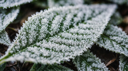 The image shows a close-up of green leaves covered in frost, with a soft-focus background. The frost appears in intricate patterns across the leaves, creating a textured and delicate appearance.