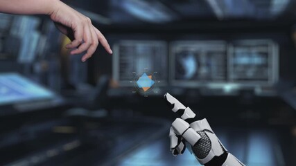 A captivating scene showcasing a futuristic digital interface where a human hand and a robotic arm interact with geometric shapes, emphasizing technology and innovation. Auvana - Powered by Adobe