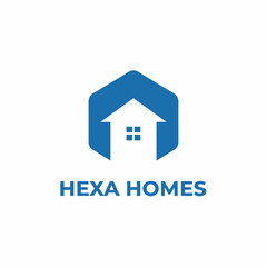 Minimalist house silhouette inside blue hexagon icon for real estate agency or modern residential construction company named Hexa Homes.