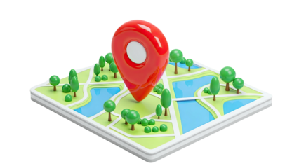 3D Map with Red Location Pin and Cartoon Trees