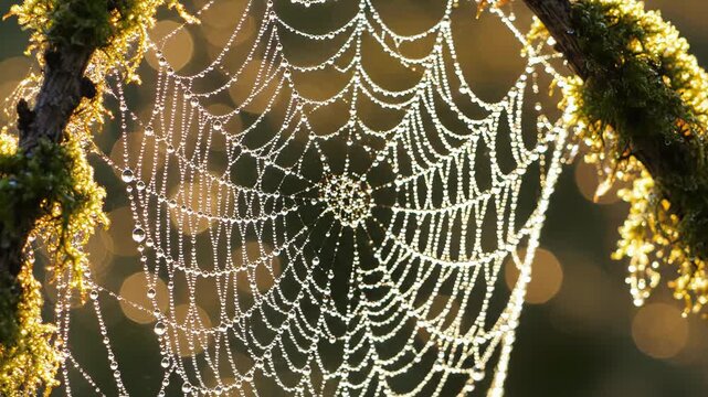 Close-up of spider web covered in glistening dew drops catching the golden light of sunrise in a damp forest setting