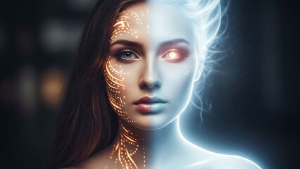 A futuristic woman with a split face of technology and humanity