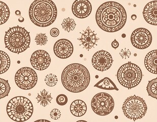 A light beige backdrop adorned with various circular and geometric decorative patterns in varying shades of brown