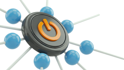 Power Symbol Connected to Blue Spheres in Molecular Structure