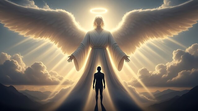 A silhouette of a man looking up at an angel with wings and a halo in the sky