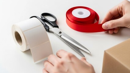 Hands preparing a gift box with scissors, red ribbon, and tape, emphasizing the process of wrapping and packaging.