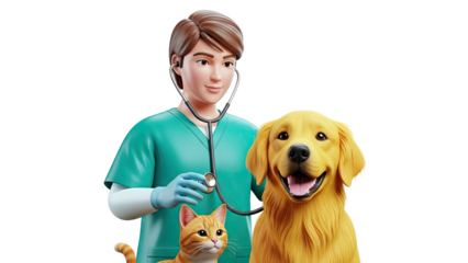 3D Veterinarian with Dog and Cat