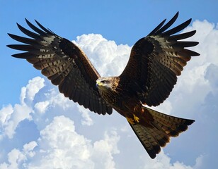 Obraz premium A majestic raptor, with wings outstretched, soars effortlessly through a partly cloudy, cerulean sky. Its feathers display rich browns